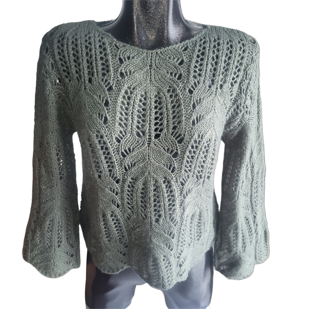 Chelsea & Theodore Olive Green Pointelle Open Knit Sweater